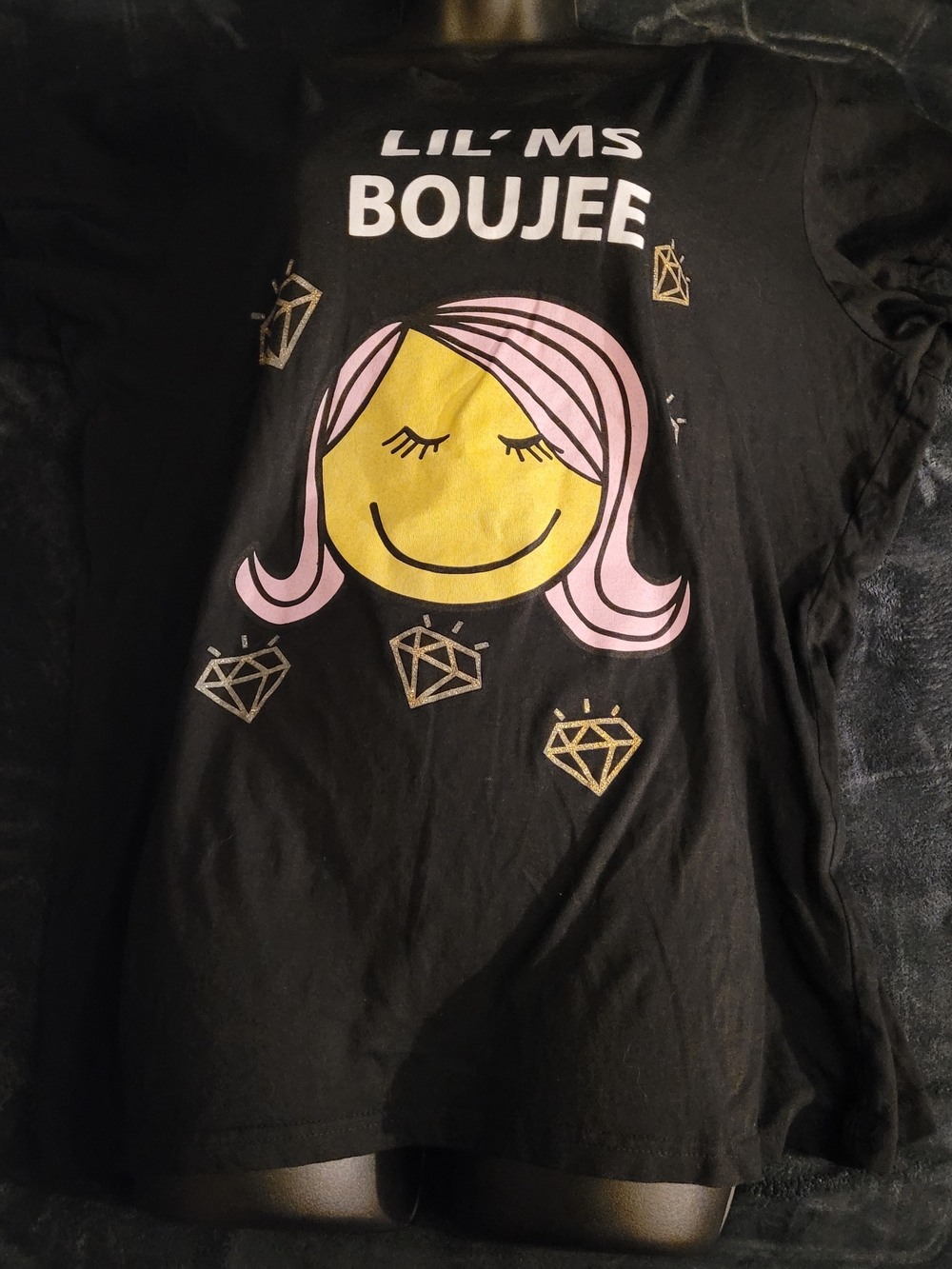 Women's Black Graphic Tee with Pink & Yellow Print